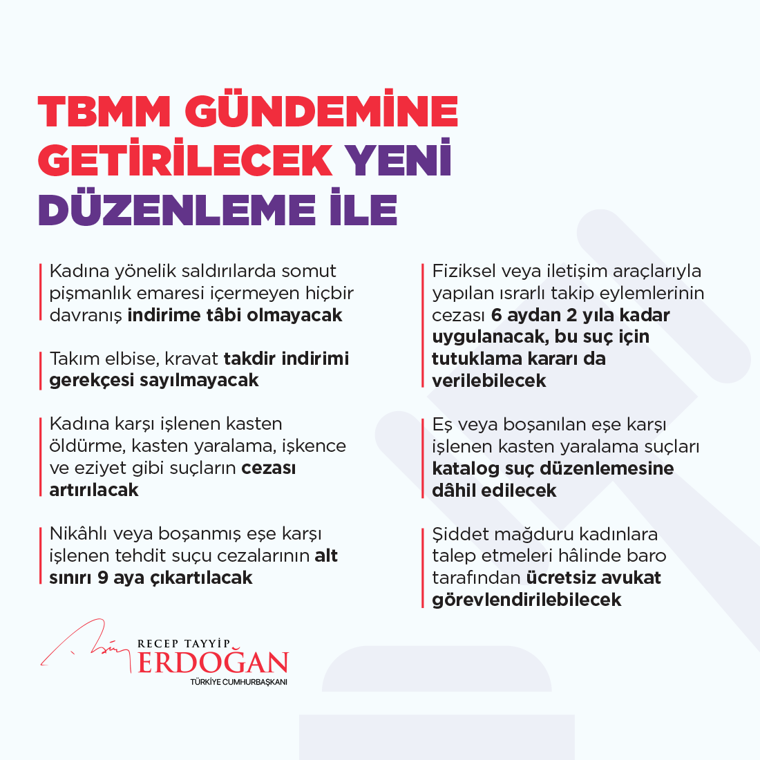 Ülkemizdeki kadın cinayetleri oran olarak Avrupa ülkelerinin çoğundan daha geridedir ancak bu tür hadiseleri sıfırlayana kadar kendimizi görevimizi yapmış sayamayız.

Taslağı üzerindeki çalışmaları biten yeni bir paketi en kısa sürede Meclisimizin gündemine getireceğiz.