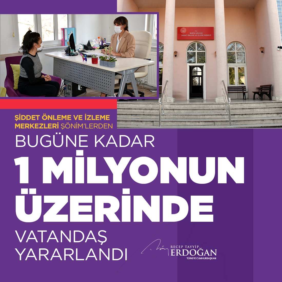 Şiddet önleme ve izleme merkezlerimizden bugüne kadar 1 milyonun üzerinde vatandaşımız yararlandı.

Bugüne kadar olduğu gibi bundan sonra da 85 milyon vatandaşımızın her birine, ülkenin ve devletin tüm imkânlarıyla hizmet etmeyi sürdüreceğiz.