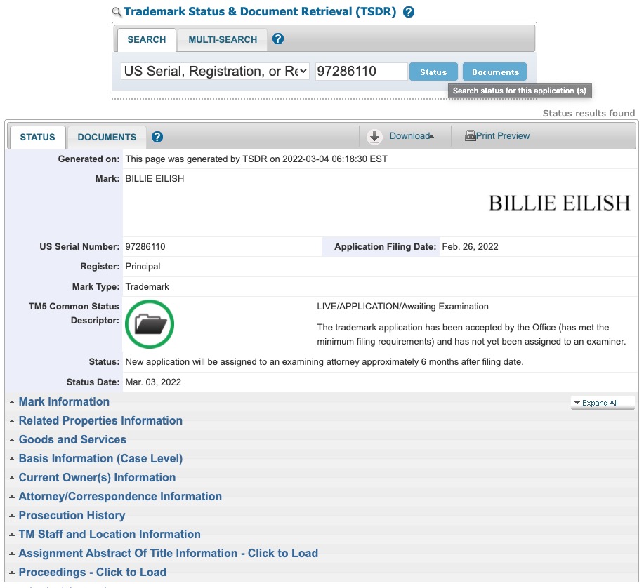 Here is a link to the recent BILLIE EILISH NFT trademark application at the U.S. Patent and Trademark Office: tsdr.uspto.gov/#caseNumber=97…

#NFTs #Metaverse