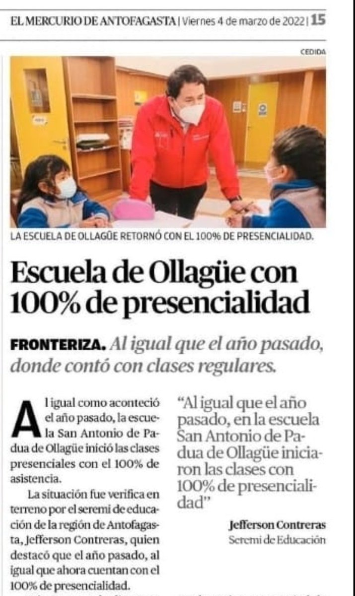 seremieducantof's tweet photo. 🗞 #MineducEnLaPrensa 🗞
Hoy los diarios regionales destacaron la presencialidad de la Escuela San Antonio de Padua de #Ollagüe📍una gran noticia que informó nuestro seremi de Educación @Jef_figueroa tras visitar a la comunidad 🚘🏫 hoy seguirá recorriendo #SanPedrodeAtacama🗺 https://t.co/tHqFQG67MH