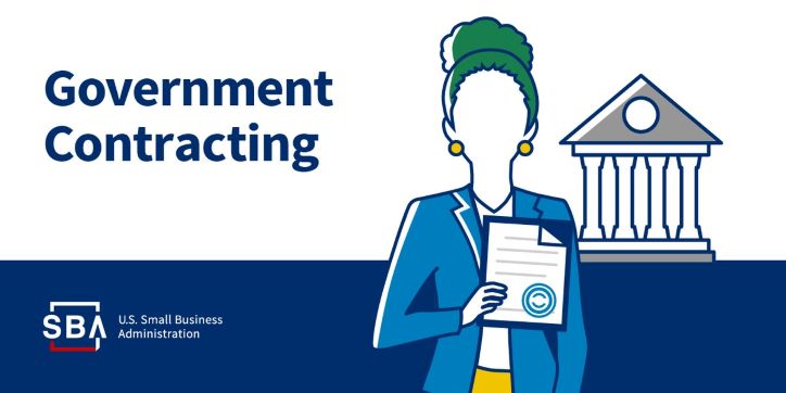 Text: Government Contracting to the right is a woman holding paperwork and behind her is a columned building. The SBA logo is bottom left