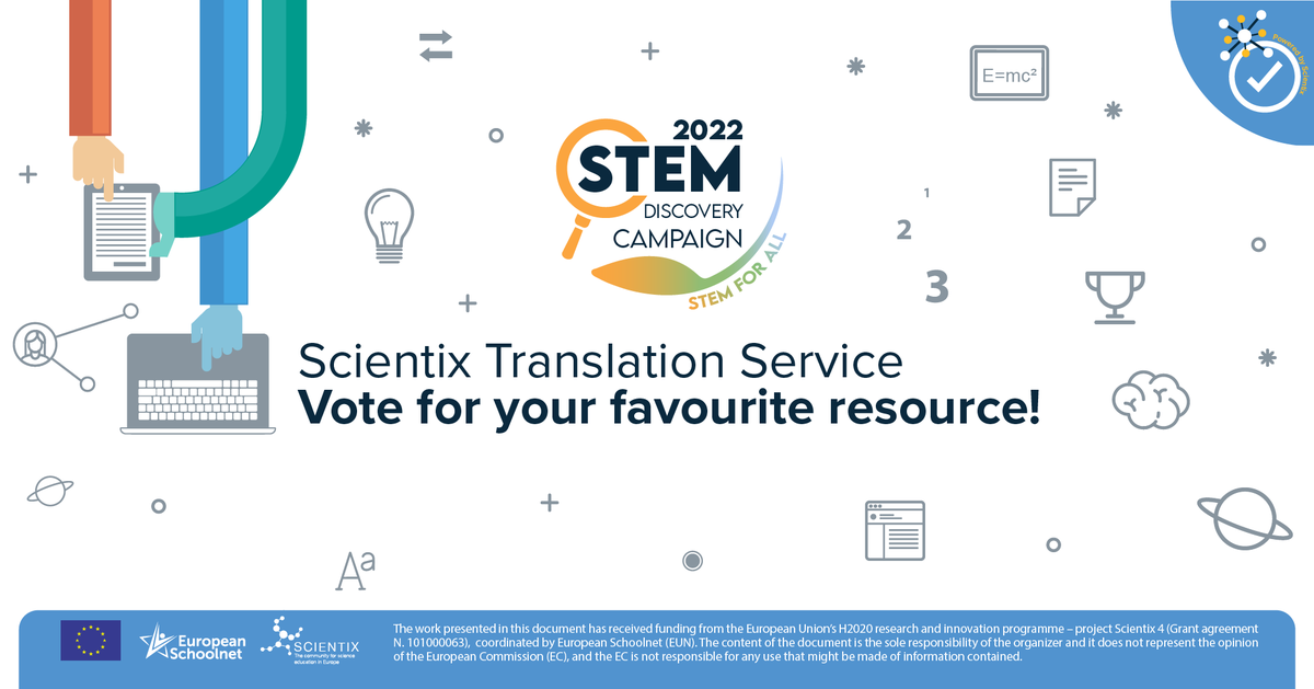 STEM_Label's tweet image. We want teachers around the 🌍 to include #STEM in their lessons and make it accessible for everyone. 
During the #SDC22 you can vote for your favourite resource on the @scientix_eu repository!
#TranslationServiceCampaign 
🔗 stemschoollabel.eu/news/detail?ar…