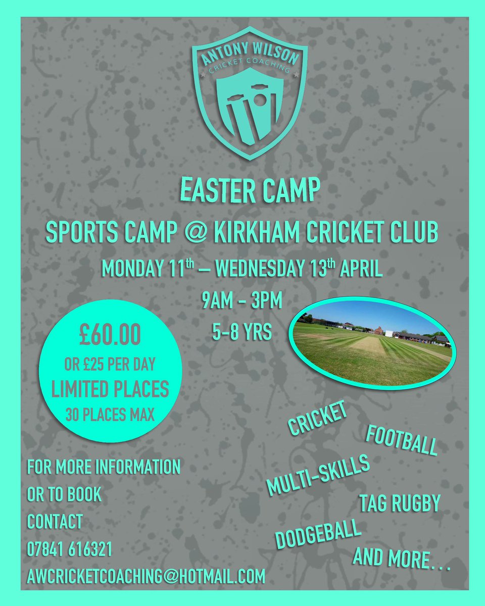 AntonyCoaching's tweet photo. ⚽️🏏EASTER HOLIDAYS SPORTS CAMP⚽️🏏

🏟Kirkham &amp; Wesham Cricket Club

📆Mon 11th - Wed 13th April
⏰9am - 3pm
👨‍👧‍👦5-8 Yrs

📧awcricketcoaching@hotmail.com
📱07841 616321

#antonywilsoncricketcoaching #cricket #sport #kirkham #blackpool #fyldecoast #preston #football #rugby #fun https://t.co/FsdmJzMB62