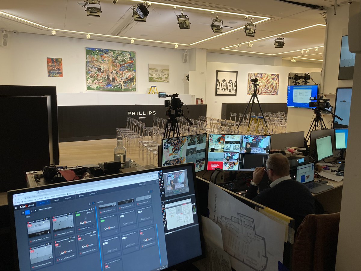 Part of the crew streaming live auction <a href="/phillipsauction/">PHILLIPS</a> and that is a genuine #Banksy to my left.