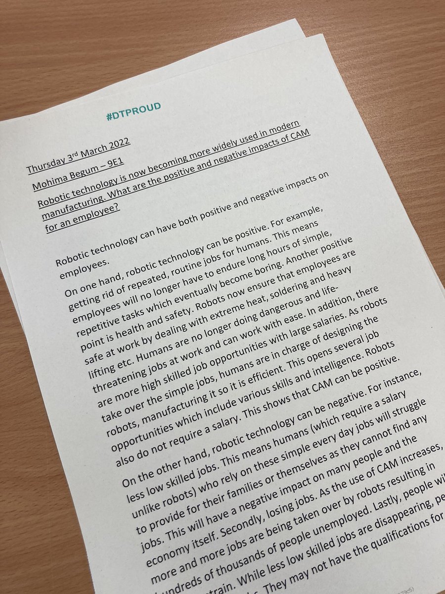 TRS_DesTech's tweet photo. A selection of excellent diary entries, exploring the impact of CAM and robotics on people’s jobs. Well done @TheRadclyffe Year 9. #literacy #literacyinDT https://t.co/EJTkee2IrR