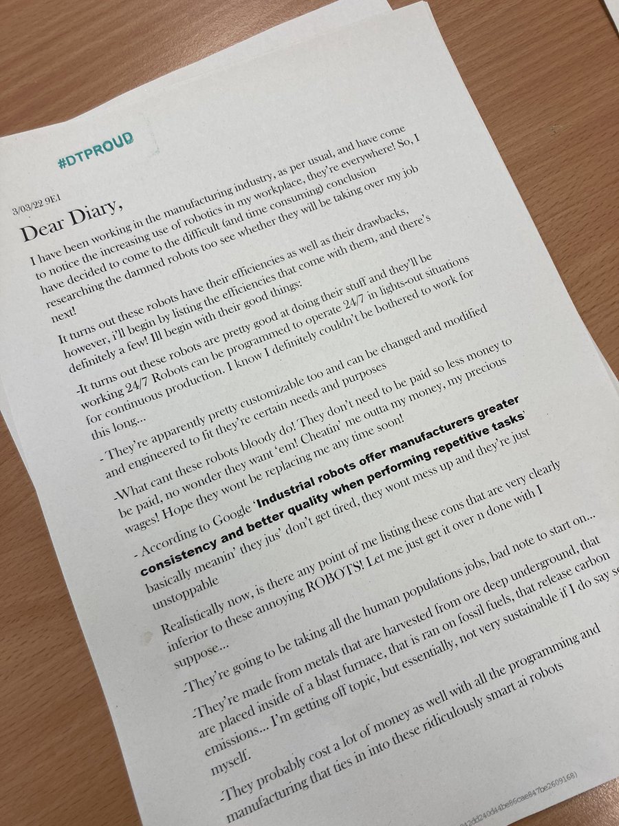TRS_DesTech's tweet photo. A selection of excellent diary entries, exploring the impact of CAM and robotics on people’s jobs. Well done @TheRadclyffe Year 9. #literacy #literacyinDT https://t.co/EJTkee2IrR