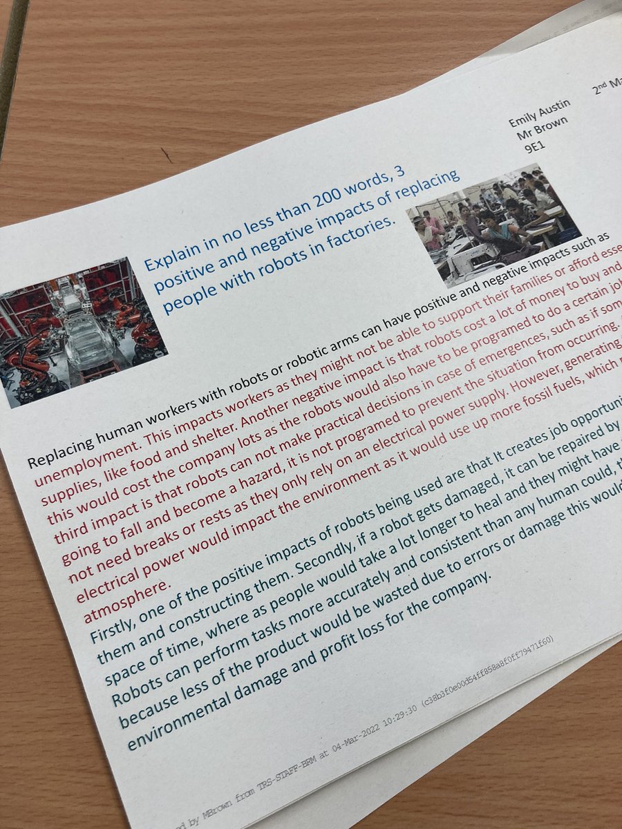 TRS_DesTech's tweet photo. A selection of excellent diary entries, exploring the impact of CAM and robotics on people’s jobs. Well done @TheRadclyffe Year 9. #literacy #literacyinDT https://t.co/EJTkee2IrR