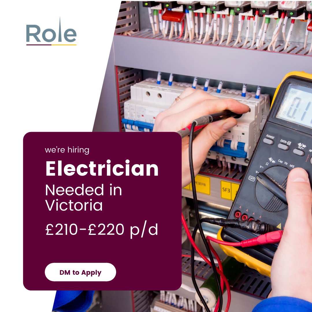 RoleGroupLtd's tweet photo. Electrician required in Victoria for a few days.  You will be paid £210-220 per day.  All relevant tickets are required.  Electrician looking for work?  Contact Role on 0203 865 2987.

#electrician #electricianjobs #electricaljobs #electricianwork

https://t.co/nDQqTWE26q https://t.co/vgT4jaVmsR
