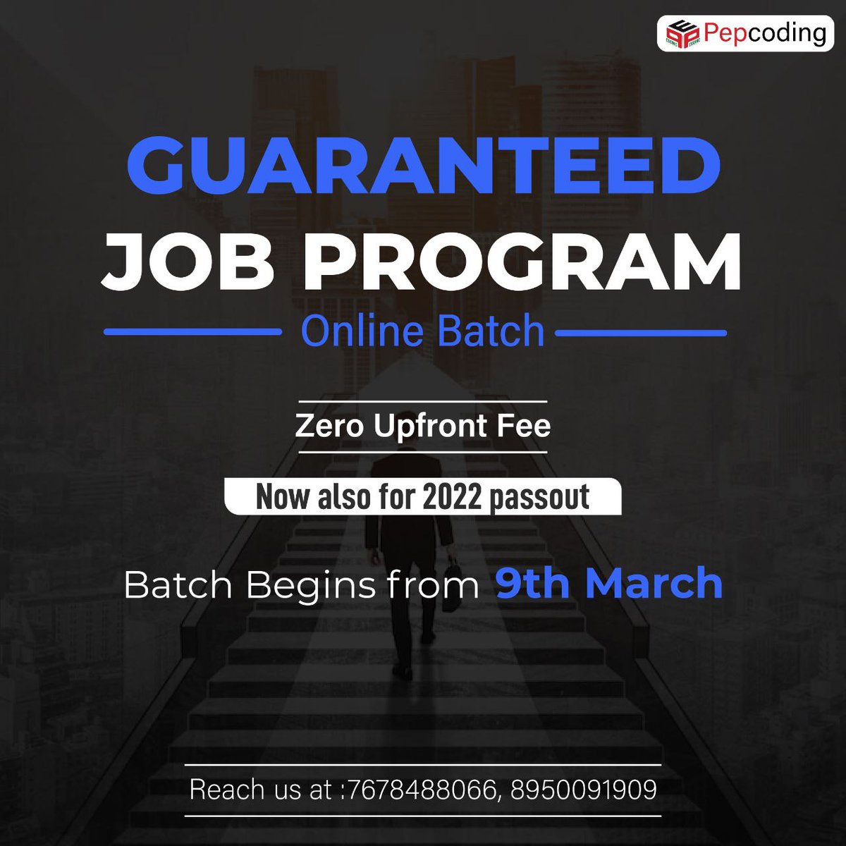 PepCoding's tweet image. You can become a Full Stack Web developer with our Guaranteed Job Program! Enrol with 0 Upfront Fee, give a push to your career fellas!✨ To know more, get in touch with us fill out the attached google form- lnkd.in/ec9fBX7Y
Visit our website at: pepcoding.com/placementprogr…