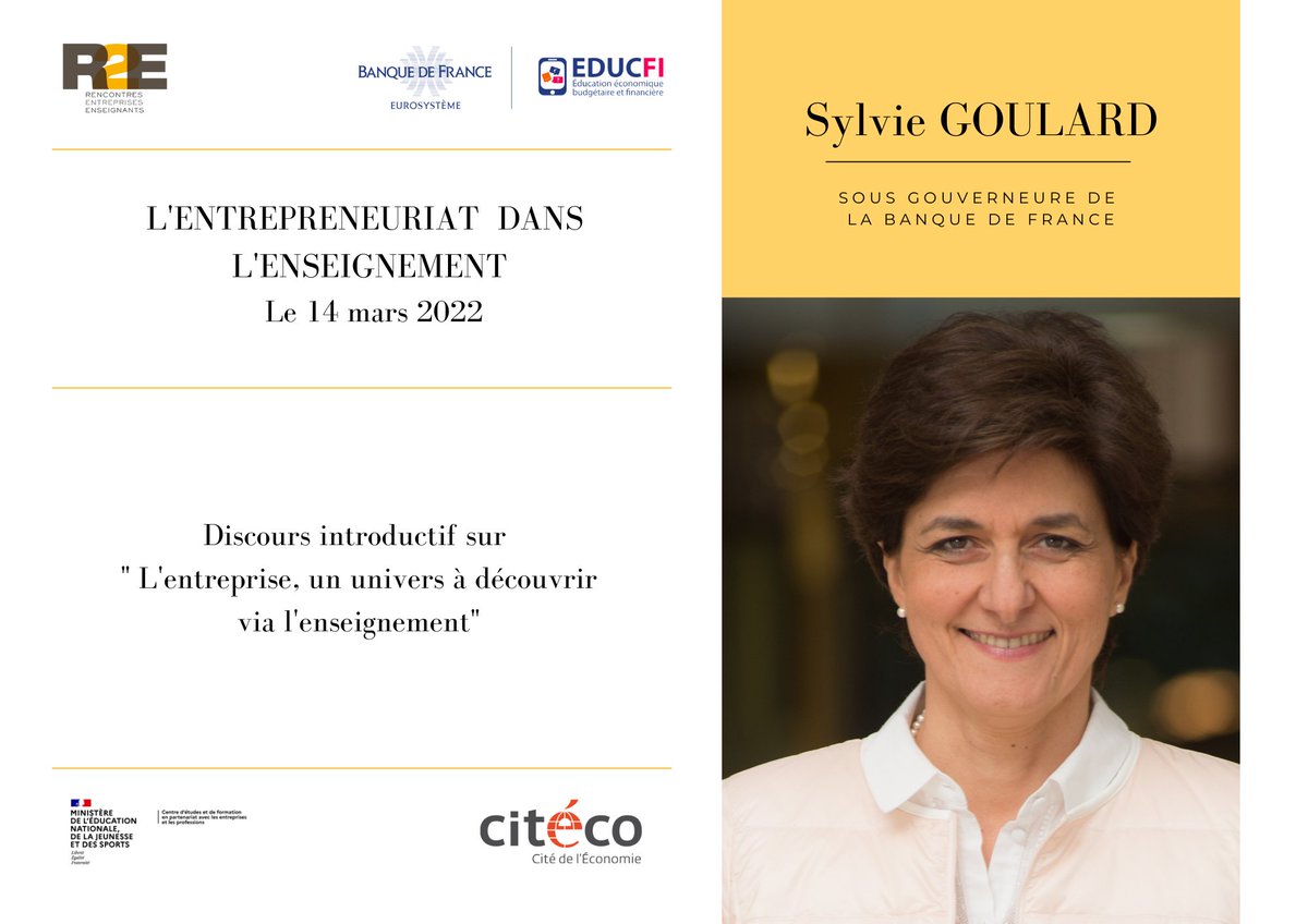Rencontres2e's tweet photo. Lors de notre #R2Eformation sur « lâ#entrepreneuriat dans lâ#enseignement » du 14/03, @SylvieGoulard, sous gouverneure de la @banquedefrance fera un discours introductif sur "L'entreprise, un univers Ă dĂ©couvrir via l'enseignement".
S'inscrire : https://t.co/OXCef1rszh https://t.co/APGNwcoOIF