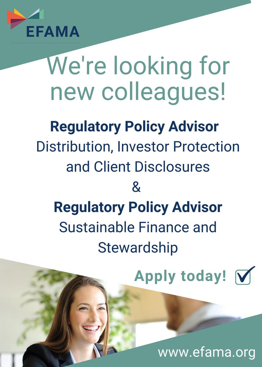 💥 We're looking for you: Do you have experience in regulatory policy and financial services? Apply now over the weekend for one of our vacancies: 👉 efama.org/index.php/abou…