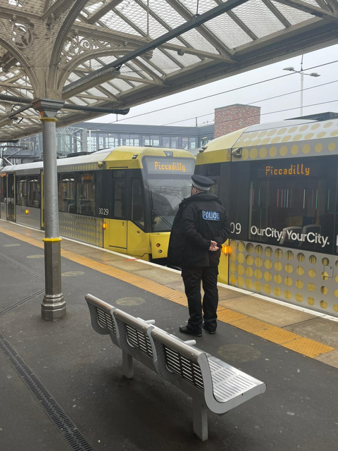 GMPTrafford's tweet photo. #GMPTransportUnit officers deployed along the Altrincham line and the interchange today to make sure people were able to use the transport network without disruption from anti-social behavior and criminaility #GMTravelSafe https://t.co/c3KSaXkKFy