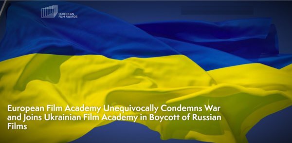 The European Film Academy unequivocally condemns the #war started by #Russia and supports the call of the #Ukrainian Film Academy to boycott #Russian films.

EAF potępia wojnę rozpoczętą przez Rosję i popiera wezwanie Ukraińskiej Akademii Filmowej do bojkotu rosyjskich filmów.