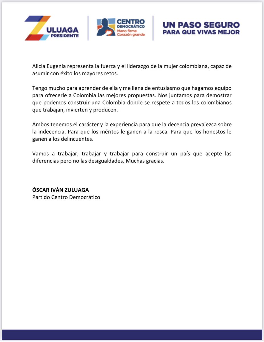 OIZuluaga's tweet photo. Me enorgullece presentar a mi fórmula vicepresidencial, @AliciaEugeniaSN.

Es una mujer brillante, con experiencia e integra. En todos los lugares ha dejado huella de respeto y admiración, su honestidad a toda prueba, su solidaridad y empatía.

https://t.co/lEjVQOHj14 https://t.co/5XJJj0nsZo