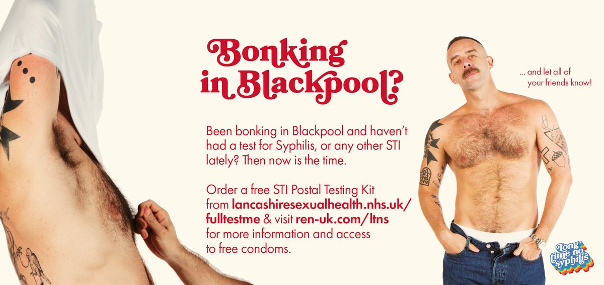 Today @RenaissanceDLL launches it's #LongTimeNoSyphilis Campaign. Been “#BonkingInBlackpool” & haven’t had a test for Syphilis lately? Now is the time. Order a free testing kit from LancashireSexualHealth.nhs.uk/fulltestme & visit Ren-UK.com/LTNS for more info #LTNS @PublicHealthBpl