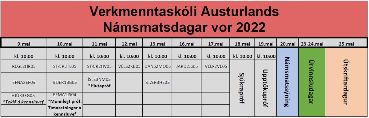 Nú er próftaflan fyrir námsmatsdagana í maí komin. Einnig má sjá hana á heimasíðu skólans, va.is!

#námsmatsdagar #hægtaðfaraaðundirbúasig #vaskólinnokkar