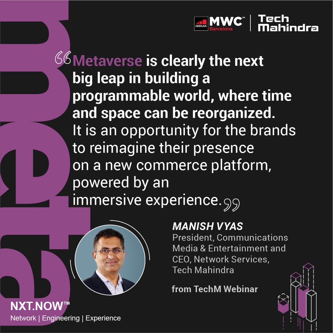 tech_mahindra's tweet photo. Learn how @Tech_Mahindra supports the #telecom industry with the building blocks – Networks, Engineering, and Experience to realize the full potential of the #Metaverse.

Watch now - https://t.co/tqSSCqFmyf

#MWCBarcelona #TechMAtMWC #MWC2022 #WelcometoSimplicity https://t.co/FzhW1HTbRX