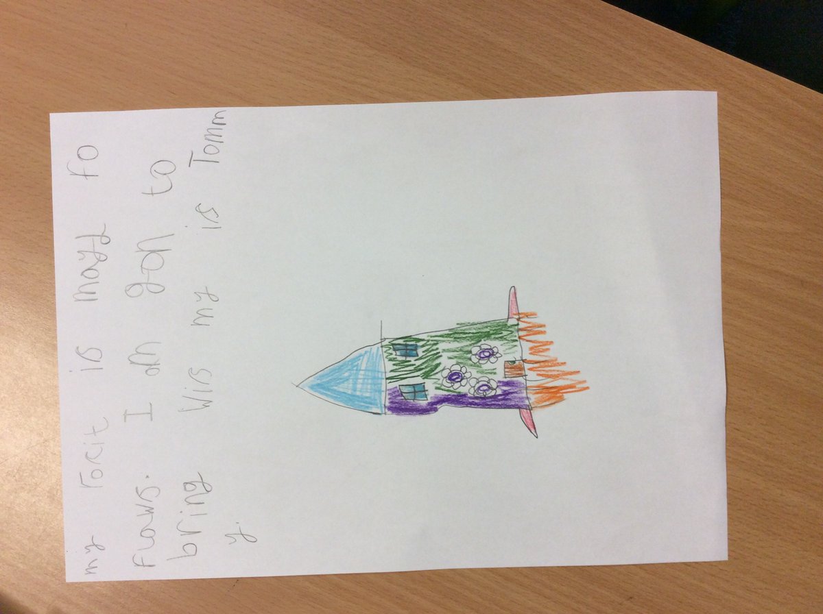 Miss Hughes has shared a story called The first hippo on the moon with KS1. The children have designed their own funky rockets and wrote about who they would visit the moon with.