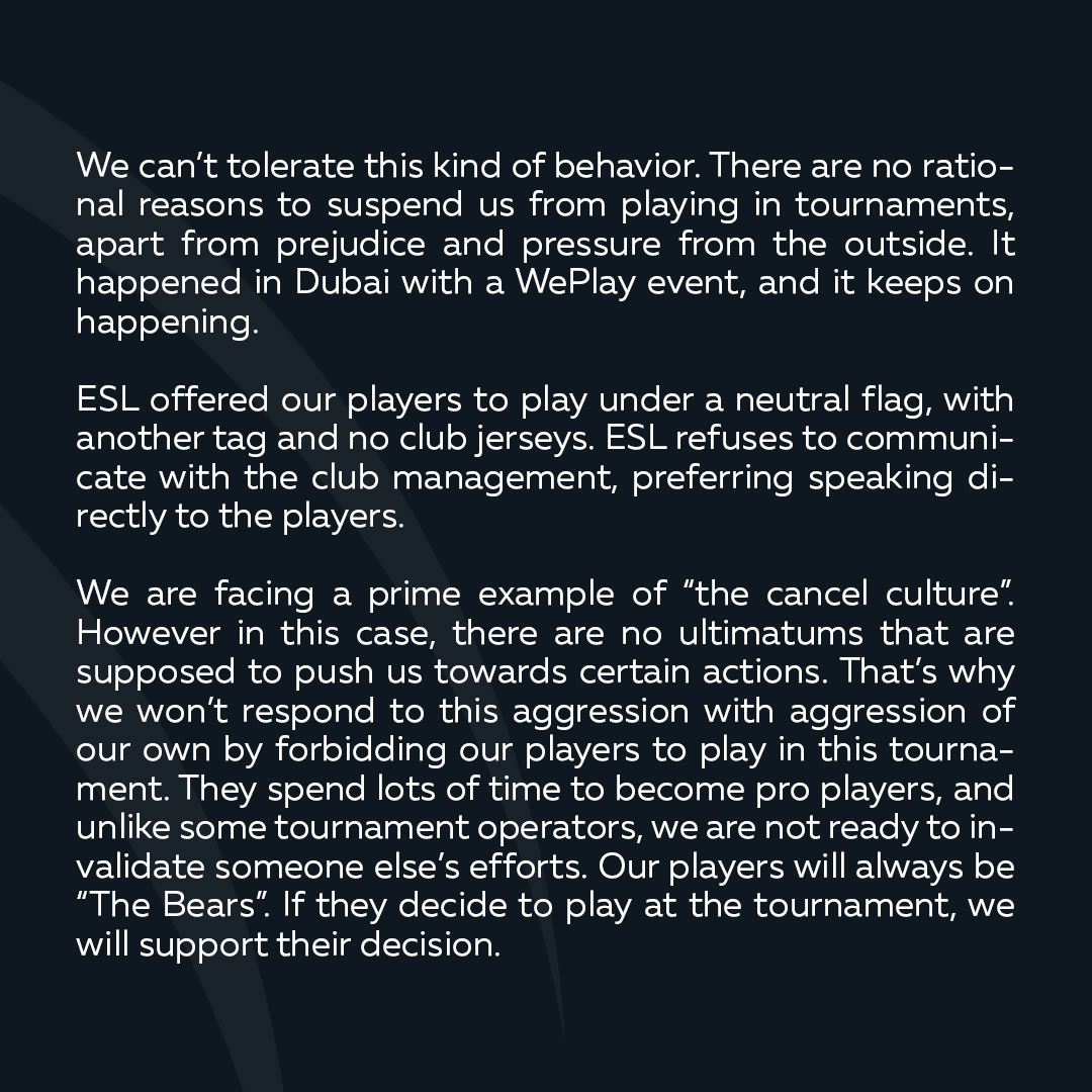 Addressing ESL Pro League statement on Virtus.pro.