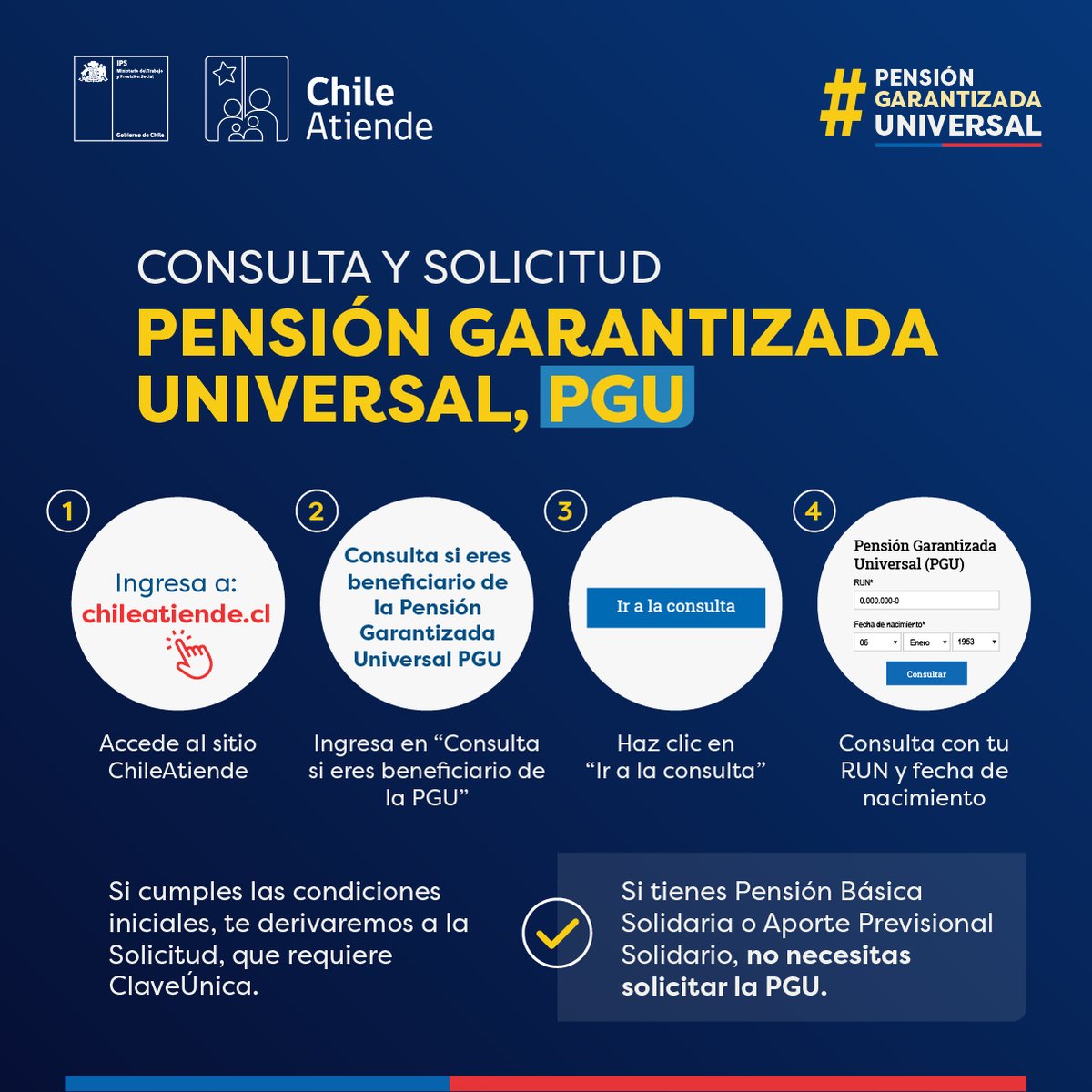 IPSArica's tweet photo. #PensiónGarantizadaUniversal reemplaza a los beneficios del Pilar Solidario: 

Quienes tengan Pensión Básica o Aporte Previsional, recibirán automáticamente (sin trámites) un incremento en sus montos para llegar a los $185.000 de la #PGU. 

Infórmate 👉 https://t.co/RvGTQN9FBZ https://t.co/CcuaBTsstT
