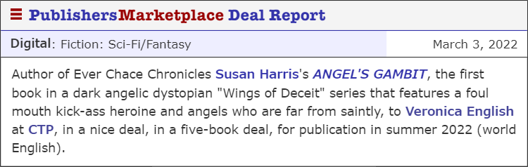 CTP_Publishing's tweet photo. We are thrilled to announce our first signing of 2022! Angel's Gambit by @SuzHarrisWrites will be releasing Summer 2023. (Not 2022 - we might not have had enough coffee when we sent in the details - we promise we DO know what year it is🤣)

#NewBooks #Dystopian #Angels #NewDeal https://t.co/iR823j47mZ
