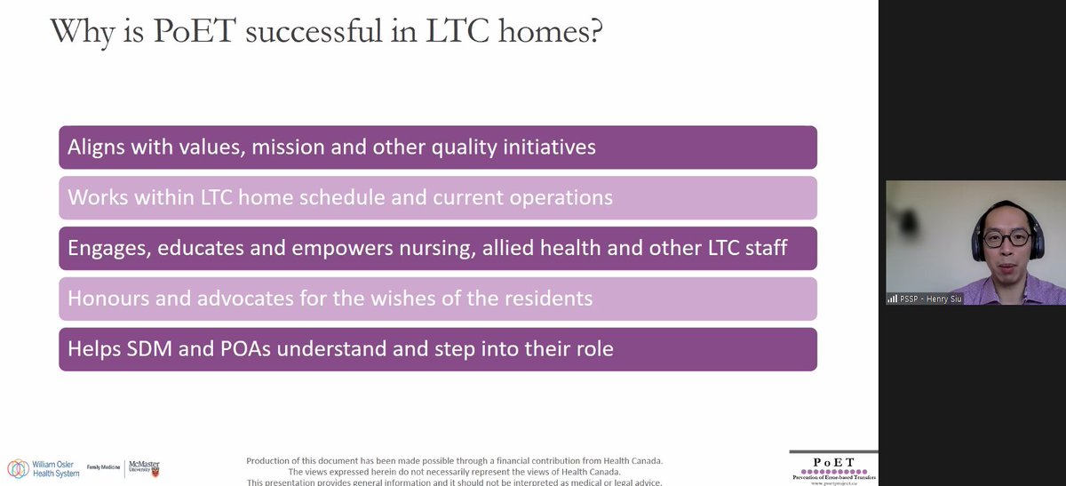 McMasterFamMed's tweet photo. Dr. Henry Siu (@hsiu2011) presenting to @PoETinLTC stakeholders this morning. In partnership with @OslerHealth, the PoET project is leading cultural change in LTC by honouring residents’ wishes, values and beliefs. Learn more at https://t.co/zh8Pyiq9pi https://t.co/cqFkPsmVAl