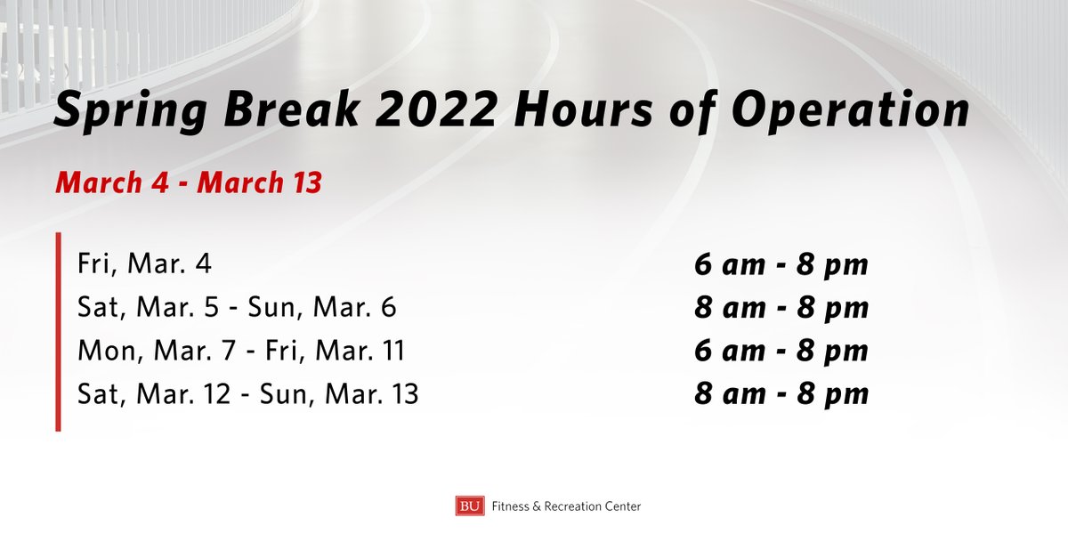 FitRec's tweet photo. Spring break is finally here! If you plan on stopping by FitRec between March 4 – March 13, please refer to our Spring Break hours. #BUFitRecLife #FindYourFit https://t.co/gtwWfILC1P