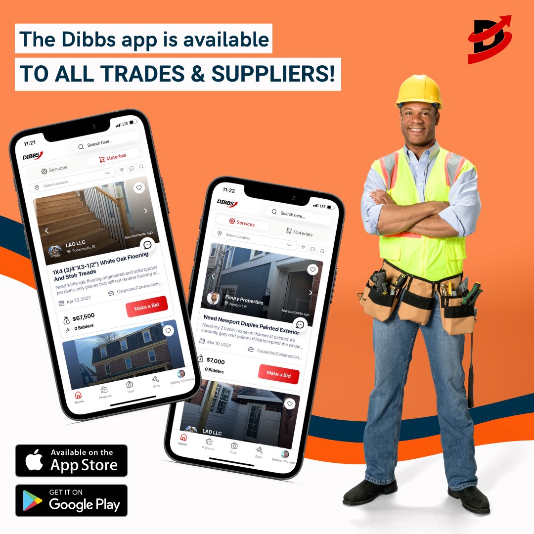 The Dibbs app is available to all trades and suppliers! Download and get started today, on google play or the app store. 🤳👷🛠️ #constructiontechnology #proptech #contech #realestatetechnology #contractorlife #constructionlife #generalcontractor #subcontracor #constructionsupply