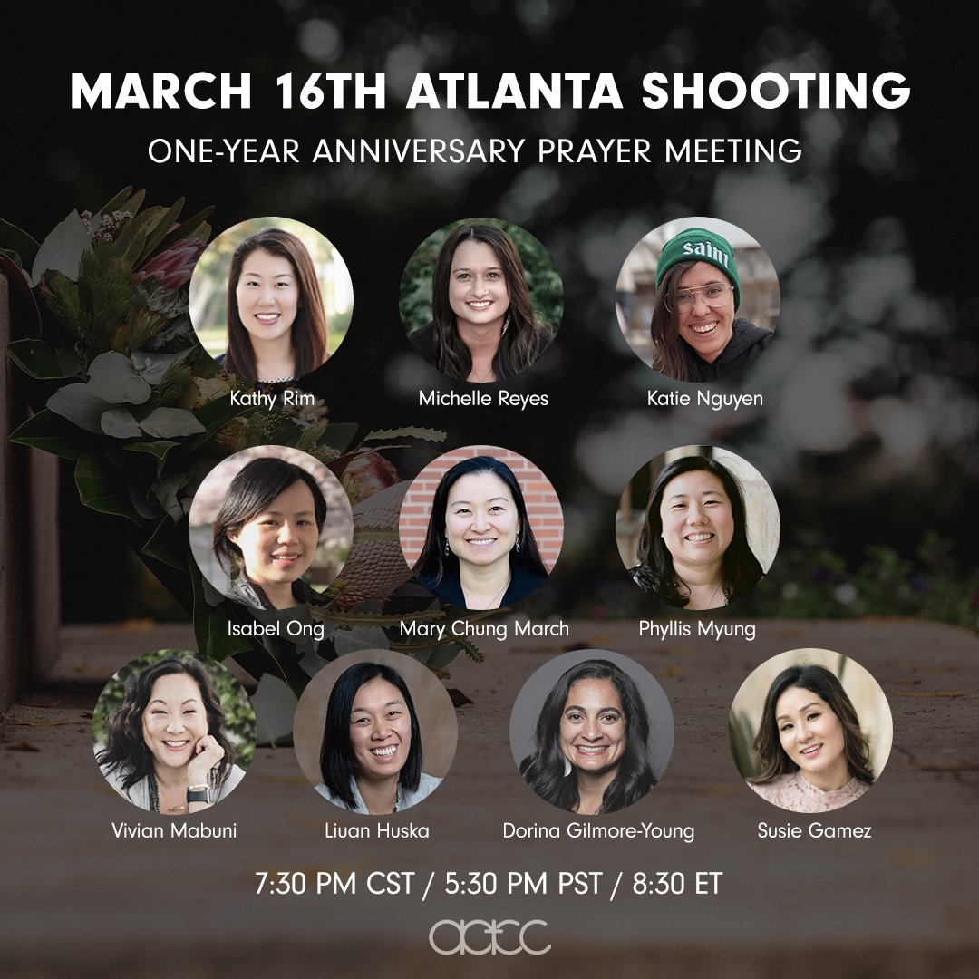 AACC invites you to join us as we spend time led by Asian Christian women in prayer, lament, and hope on the one-year anniversary of the March 16th Atlanta Shooting. 

Sign up to join us in this space to grieve &amp; turn our eyes together to God &amp; His word: eventbrite.com/e/aacc-prayer-…