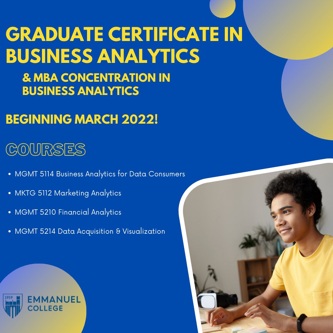 Emmanuel_GPP's tweet photo. Emmanuel Launches New Graduate Certificate &amp; MBA Concentration in Business Analytics!

email: gpp@emmanuel.edu

https://t.co/M2RfFwukNq 

#Enginius  #Tableau #Businessanalytics #Data #MBA #graduateschool #graduatecertificate #degree #dataanalytics #analytics #Emmanuel https://t.co/18RVh45bY3