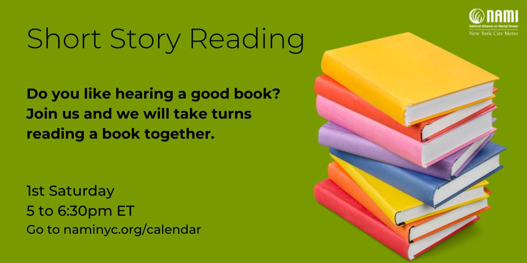 Short Story Reading - Do you like hearing a good book? We will take turns reading a book together. 1st Saturday of the month, 5-6:30pm ET. ow.ly/TK5950I5j06