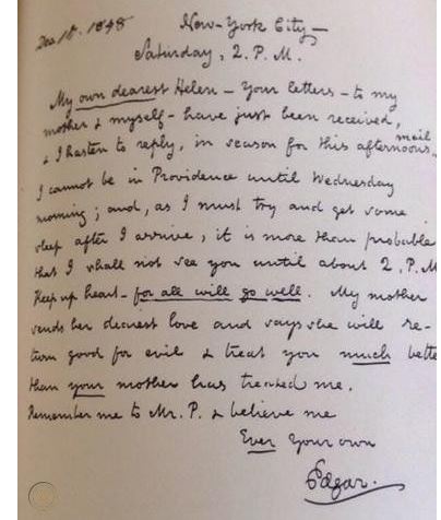 [1848] AFTER 2 MARCH. PROVIDENCE. Mrs. Whitman receives “To Helen.” A “gentleman from New York” tells her that the address on the envelope is “in Poe’s handwriting” #edgarallanpoe #readingcommunity #WritingCommunity