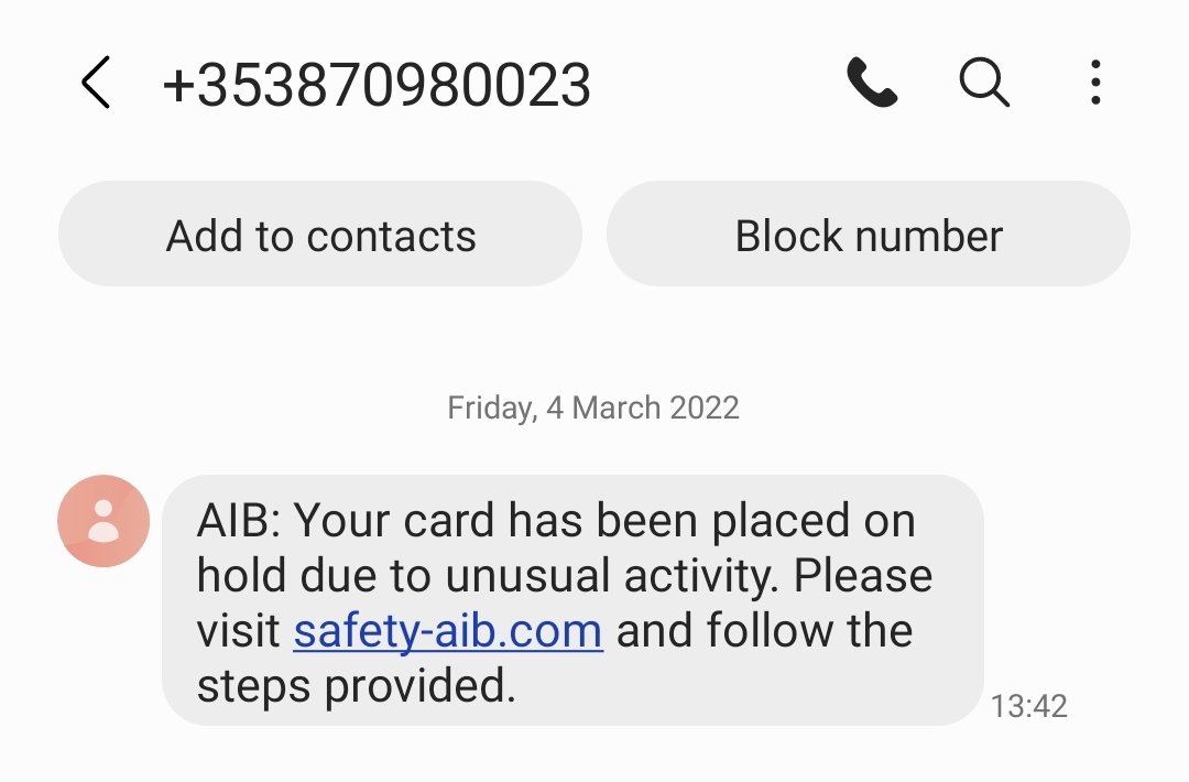 rmck's tweet photo. @AIBIreland I received this message. I did try make an unusually large transaction yesterday, which was declined, so now I'm not sure whether this is real? https://t.co/2GD3YXr7nK