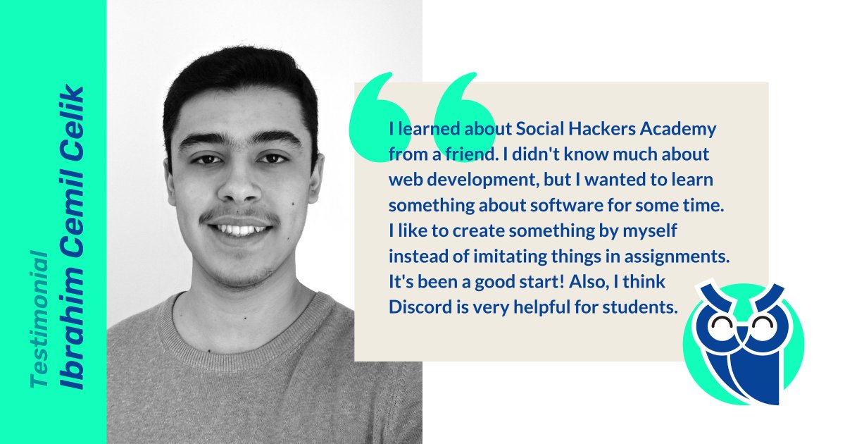 sochackacademy's tweet image. Do you want to meet one of our recent students? 👀
Get to know Ibrahim Cemil Celik, a Turkish student living in Greece, and what he thinks about our course! 🚀
#techcareer #fullstackbootcamp #webdev #webdevelopment #javascript #onlinebootcamp #100DaysOfCode #DEVCommunity