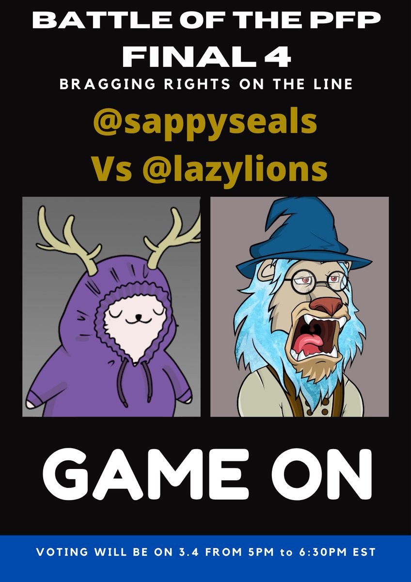 JoePetrusky's tweet photo. The #NFTFinalFour |  Battle of the PFP 
                  3.4 | 5pm to 6:30pm

@AdamBombSquad
 Vs 
@noncoducks

@sappyseals
 Vs 
@LazyLionsNFT https://t.co/GhncMsQQZF