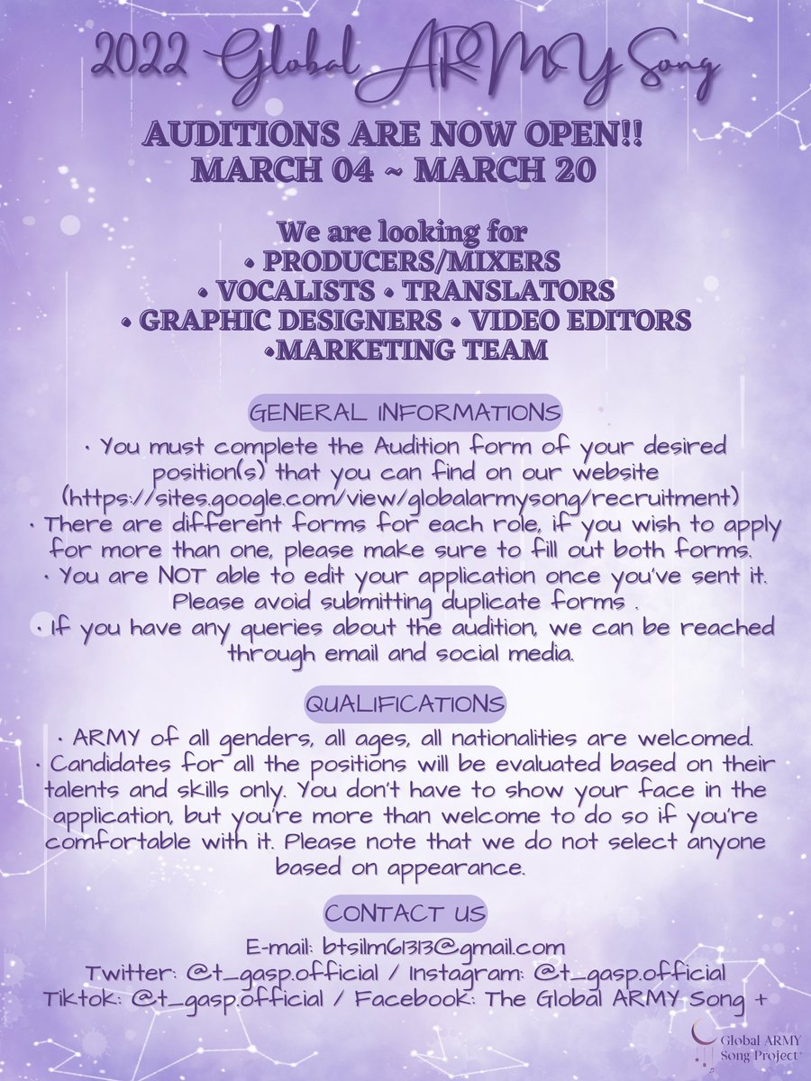 t_gasp_official's tweet photo. [ANNOUNCEMENT 📣💜] 

Hello Army's 🥰

Auditions for '2022 Global Army Song' is now officially open 🎉
Please read the instruction on the poster carefully, also don't hesitate to DM us for any further details/questions 💜 
https://t.co/WaxnsztzSm
#GAS_Auditions2022 https://t.co/S6stLOU1wA