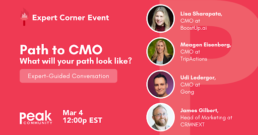 peak_community_'s tweet photo. Today is THE DAY for “Path to CMO - What will your path look like?”! Join Lisa Sharapata, Meagan Eisenberg, Udi Ledergor, and James Gilbert at 12p EST - RSVP at Peak Events (https://t.co/EOTX1M4MD9) #peakcommunity https://t.co/WuUhkiFp2w