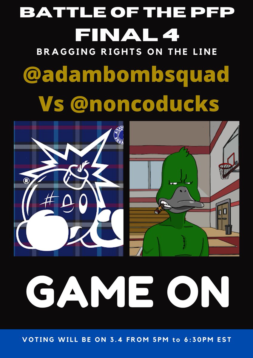JoePetrusky's tweet photo. The #NFTFinalFour |  Battle of the PFP 
                  3.4 | 5pm to 6:30pm

@AdamBombSquad
 Vs 
@noncoducks

@sappyseals
 Vs 
@LazyLionsNFT https://t.co/GhncMsQQZF