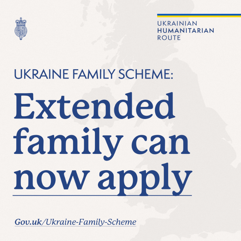 ukhomeoffice's tweet photo. 🇬🇧🇺🇦 NOW OPEN – The UK's Ukraine Family Scheme:

✅ Extended family members can now apply to the scheme.

➡️ To apply: https://t.co/DRXZ4nv3jl

📲 For assistance, call the free 24/7 helpline:
+44 808 164 8810
