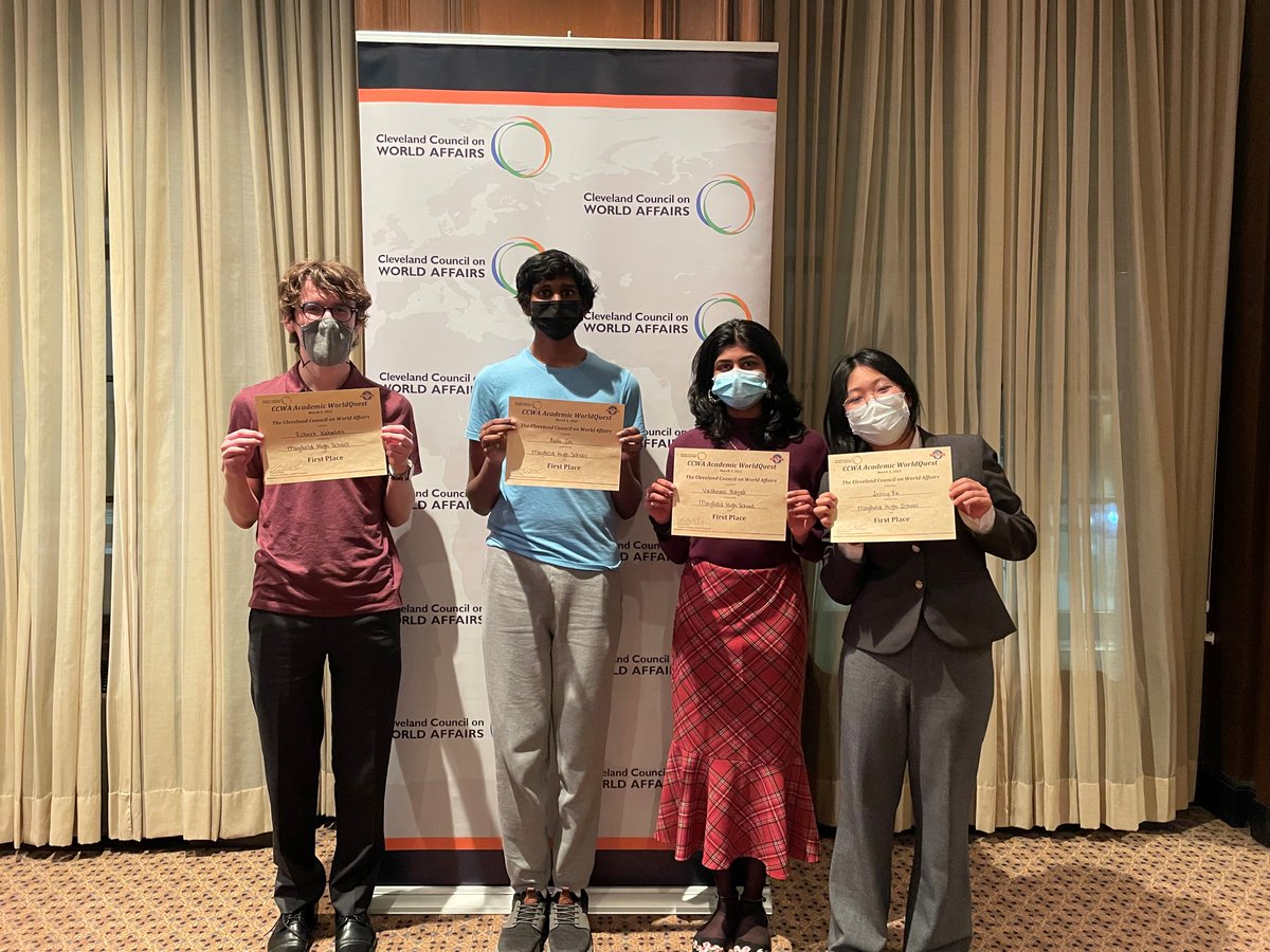 1ST PLACE ACADEMIC WORLD QUEST: Congratulations to the MHS Team of Robert Kabelitz, Abhi Siri, Vaishnavi Nayak, and Jenny Fu - 1st place winners in the Cle Academic World Quest competition sponsored by World Affairs Council of America & organized by Cle Council on World Affairs. https://t.co/LMe5Fz6Sav