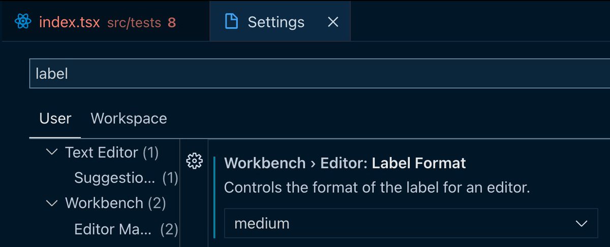 VS Code tip: If you're on a project with a lot of files named index, you can show the folder's name in the tab. Change Workbench › Editor: Label Format to set this. The 'short' setting puts the folder name in the tab. The 'medium' setting puts the relative path in the tab.