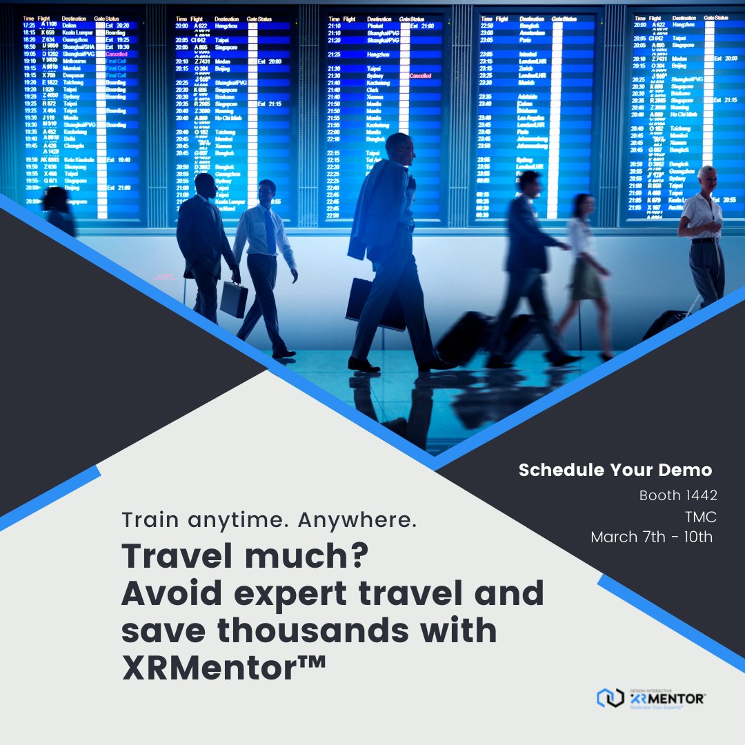 XRMentor's tweet photo. Travel much? Avoid expert travel with XRMentor and save thousands, if not millions.  Interested in learning more? Visit us at TMC March 7th - 10th,  Booth 1442. #ARSoftware #Remotetraining #Trainingsolutions #Transportation https://t.co/a4XEJYsp3w