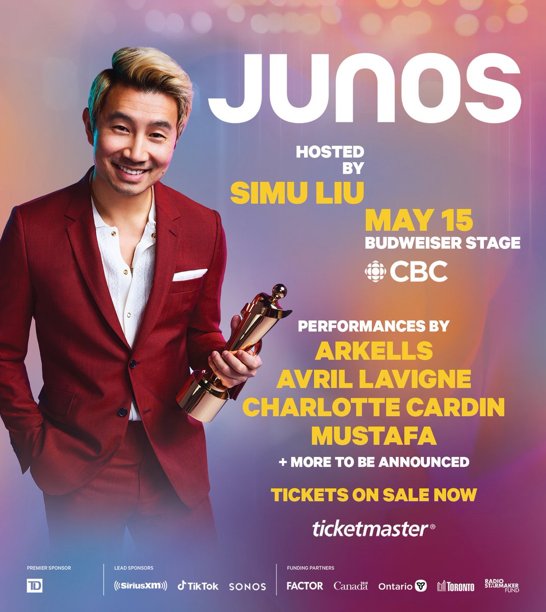 Canada's Biggest Night in Music is coming to #Toronto, hosted by 
<a href="/SimuLiu/">Simu Liu</a> with performances by <a href="/ArkellsMusic/">ARKELLS</a>, <a href="/AvrilLavigne/">Avril Lavigne</a>, <a href="/CharlotteCardin/">Charlotte Cardin</a>, <a href="/MustafaThePoet/">Mustafa</a> &amp; more!

Join us on May 15th for the 2022 JUNO Awards: ticketmaster.ca/junos.