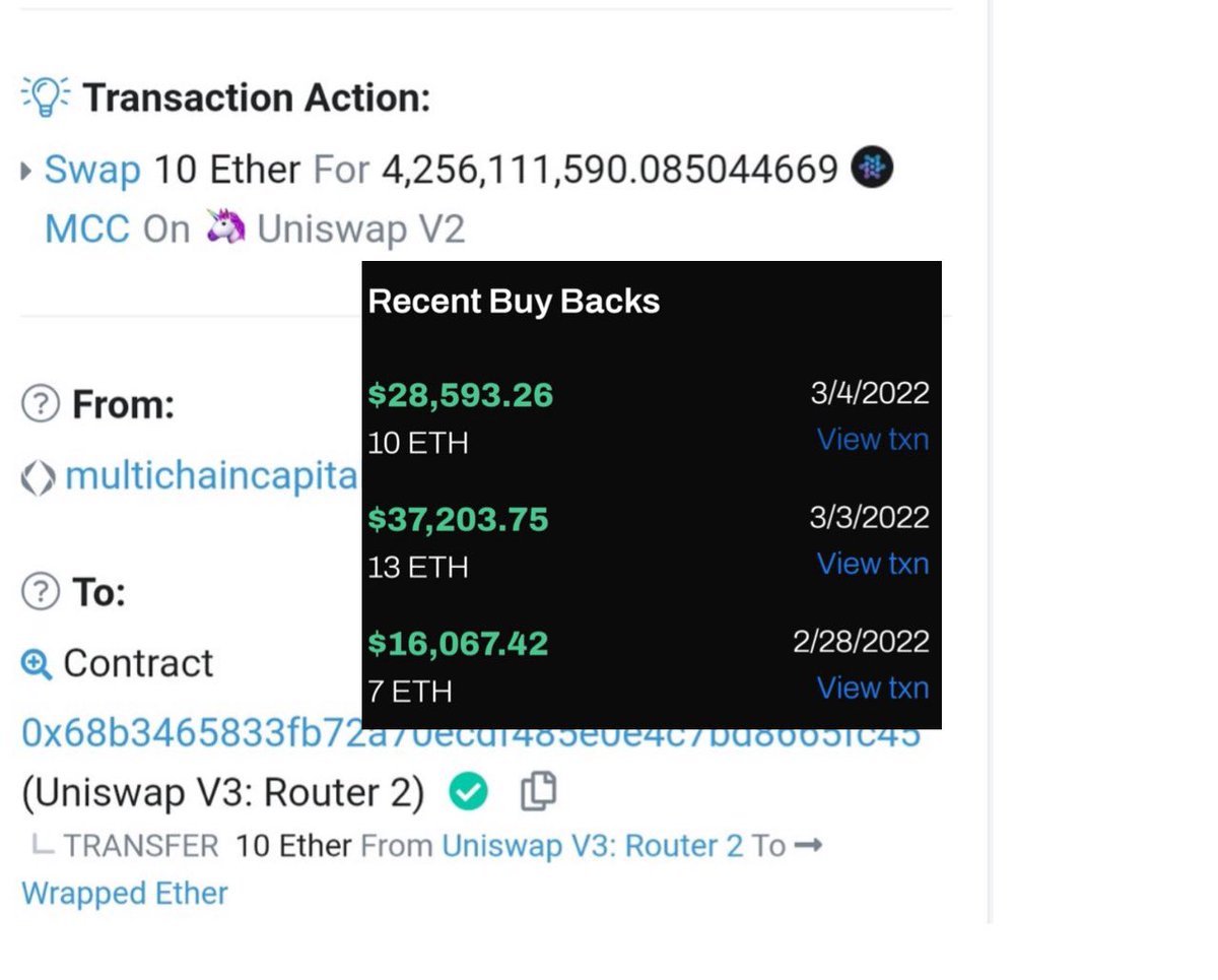 BITCOINTRAPPER's tweet photo. Why would $MCC be rugging but doing 10 $ETH buybacks and actively posting them ? 👀 https://t.co/uN9rahdb50