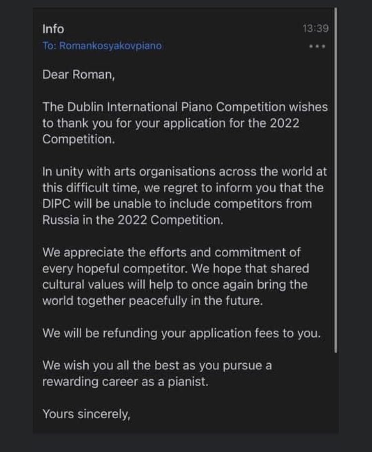 TStefanovich's tweet photo. As ex Yugoslav I know well when people sanction you as well as your government -long story short it’s happening again. Russians in Dublin Competition being disinvited just because of their passports.Thankfully Cliburn/Busoni are using their brains.
#dublincompetition https://t.co/Zrh0Y2HlDD