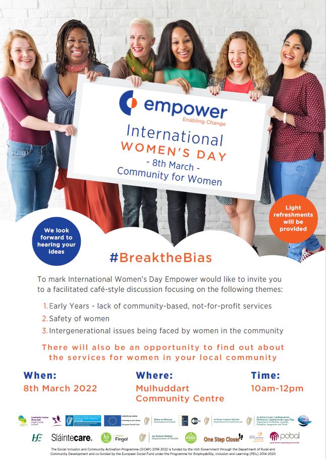 Next Tuesday, March 8th, to mark International Women's Day, Empower will be hosting an event in the Community Centre from 10am-12pm. No tickets or booking is required, just show up. Refreshments will be provided on the morning #BreakTheBias