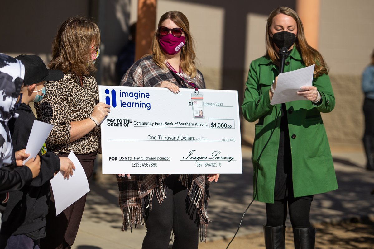 ImagineLearning's tweet photo. .@tucsonunified #ImagineMath students donated $1,000 to @foodbanktucson through this year’s #DoMathPayItForward contest. #ImagineLearning manager Monica G. hosted a ceremony recognizing @McCorkleAcademy — the top donating #ImagineMath school in the district. Way to give! #Giving https://t.co/XeGzMeyoMB