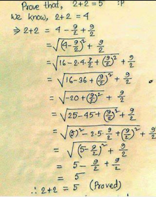 pickover's tweet photo. Mathematics from beyond the edge.  (This image, widely circulating on the Web, begins with 2 + 2 = 4.  We shiver in delight, or perhaps a madness bordering on insanity.) https://t.co/Z7ypfSQKDu