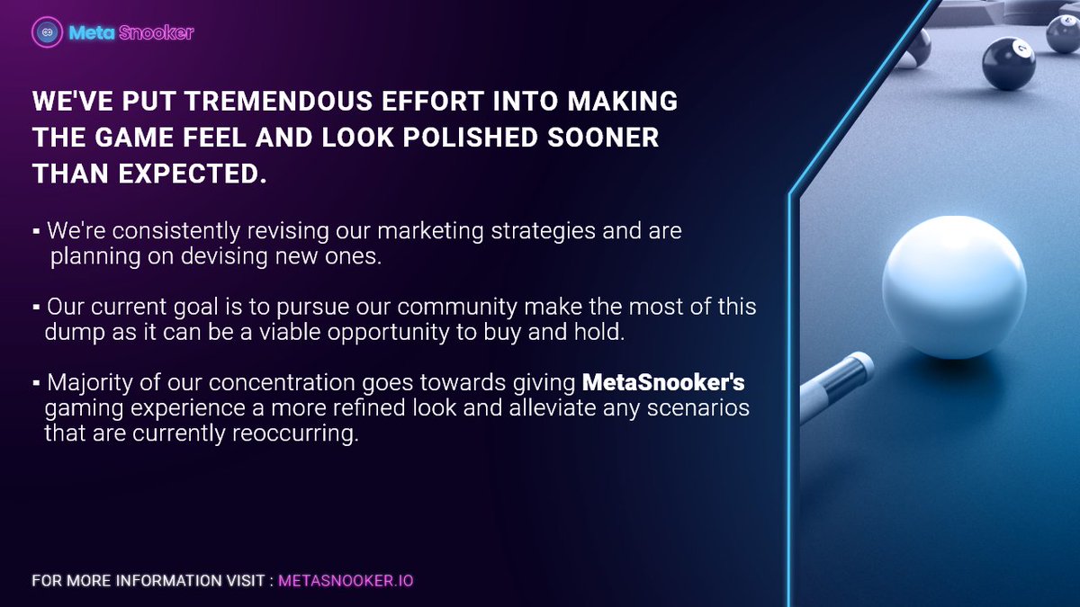 Snooker_Meta's tweet photo. The community asks
Team delivers! ✅️

Be a part of our TG community to stay updated.
Link: https://t.co/yc8Y8CrqFi

#BNB #tothemoon #moonshot #MetaSnooker #snooker #metaverse #blockchain #presale #nfts #token #DeFi #crypto #digitalcollectibles #NFTs https://t.co/bmIXg1Gg5T