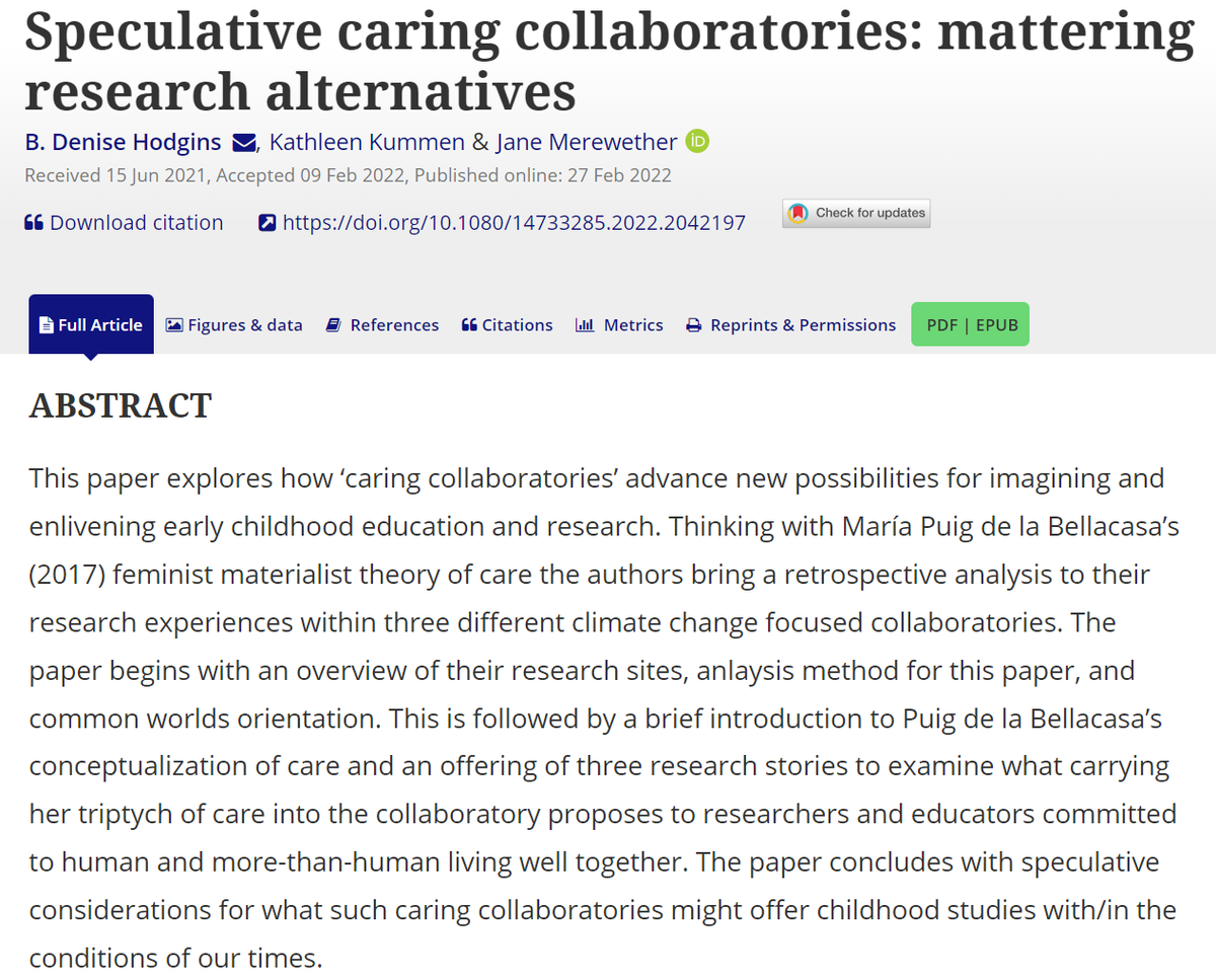 ChildrensGeogs's tweet photo. Have you see the latest paper in our journal? 

 @HodginsDenise @KKummen 
@JaneMerewether explore 'Speculative caring collaboratories' to imagine and enliven early childhood education and research.

#childhood #climatechange #care #commonworlds
https://t.co/QMuAxns2GC https://t.co/KTVW6XldKI